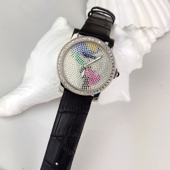 Stauer Rhinestone Black Leather Crock Embossed Band Stainless Steel Watch - Picture 3 of 12